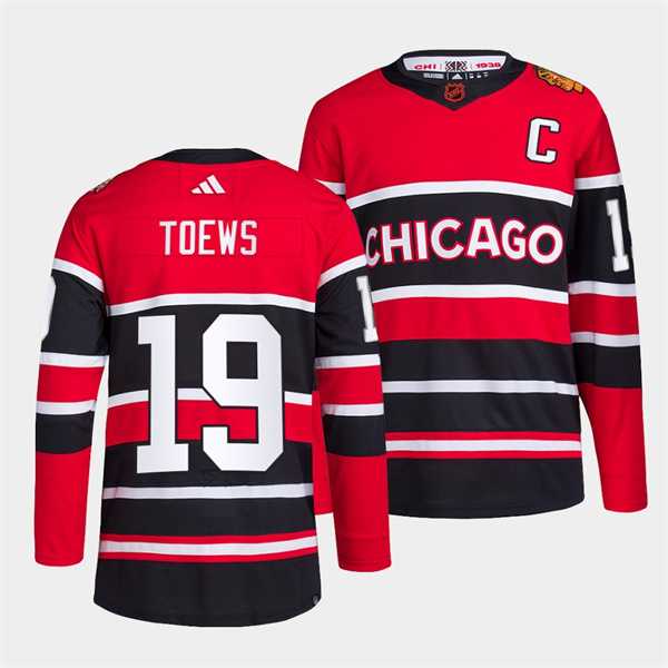 Mens Chicago Blackhawks #19 Jonathan Toews Red Black 2022 Reverse Retro Stitched Jersey Dzhi->chicago blackhawks->NHL Jersey